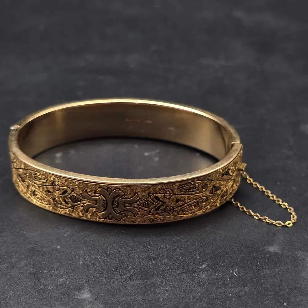 Dunn Bros 10K Gold Filled Bangle Bracelet Etched Vintage Costume Jewelry